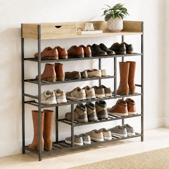 DanDiBo Schuhregal Platzsparend Metall Schwarz Modern 6 Etagen 100 cm mit Ablage 96701 Schuhständer mit Stauraum Schuhablage Schuhaufbewahrung Regal Shoe Rack