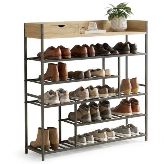 DanDiBo Schuhregal Platzsparend Metall Schwarz Modern 6 Etagen 100 cm mit Ablage 96701 Schuhständer mit Stauraum Schuhablage Schuhaufbewahrung Regal Shoe Rack