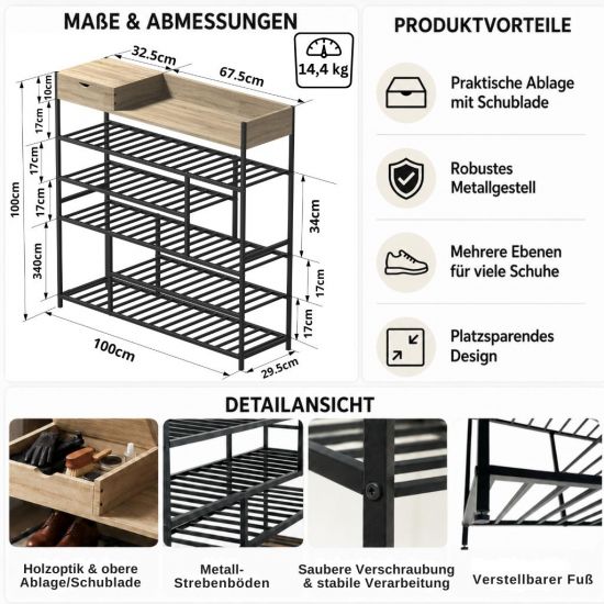 Preview: DanDiBo Schuhregal Platzsparend Metall Schwarz Modern 6 Etagen 100 cm mit Ablage 96701 Schuhständer mit Stauraum Schuhablage Schuhaufbewahrung Regal Shoe Rack