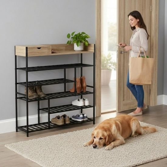 Preview: DanDiBo Schuhregal Platzsparend Metall Schwarz Modern 6 Etagen 100 cm mit Ablage 96701 Schuhständer mit Stauraum Schuhablage Schuhaufbewahrung Regal Shoe Rack