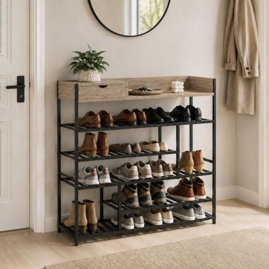 DanDiBo Schuhregal Platzsparend Metall Schwarz Modern 6 Etagen 100 cm mit Ablage 96701 Schuhständer mit Stauraum Schuhablage Schuhaufbewahrung Regal Shoe Rack