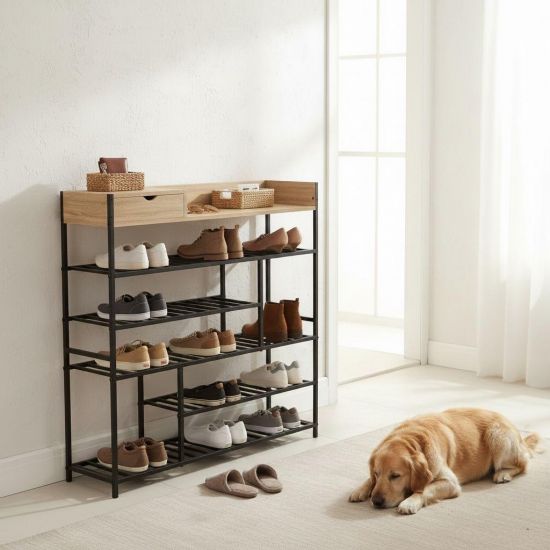 DanDiBo Schuhregal Platzsparend Metall Schwarz Modern 6 Etagen 100 cm mit Ablage 96701 Schuhständer mit Stauraum Schuhablage Schuhaufbewahrung Regal Shoe Rack