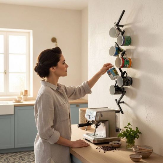 DanDiBo Wall Mug Holder Mug Rack Cup Stand 10 Hooks Black Metal 96280 Mug Organizer Storage Coffee Cup Rack Dish Towel Holder Kitchen