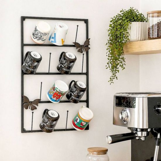 DanDiBo Wall Mug Holder Mug Rack Cup Stand 14 Hooks Black Metal 93850 Mug Shelf Organizer Storage Coffee Cup Rack