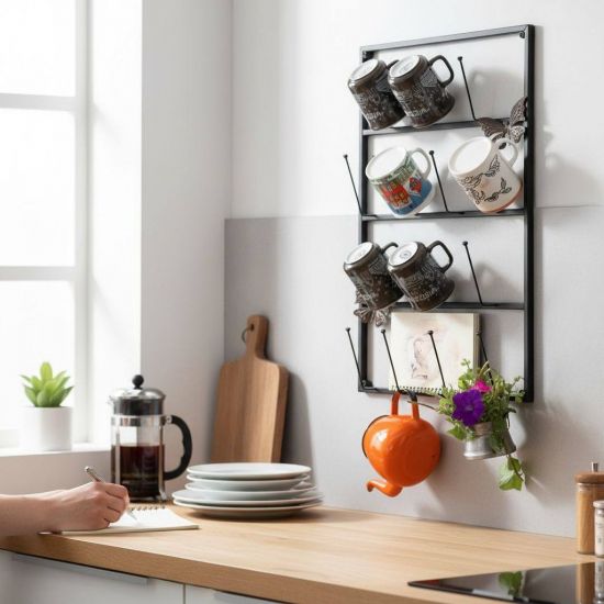 DanDiBo Wall Mug Holder Mug Rack Cup Stand 14 Hooks Black Metal 93850 Mug Shelf Organizer Storage Coffee Cup Rack