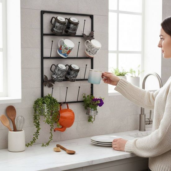 Preview: DanDiBo Wall Mug Holder Mug Rack Cup Stand 14 Hooks Black Metal 93850 Mug Shelf Organizer Storage Coffee Cup Rack