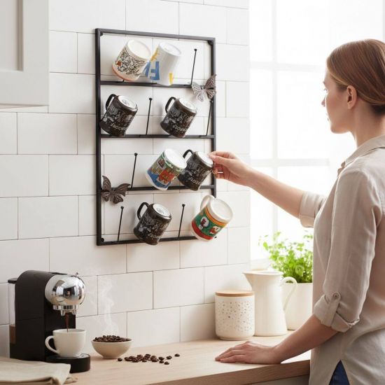 DanDiBo Wall Mug Holder Mug Rack Cup Stand 14 Hooks Black Metal 93850 Mug Shelf Organizer Storage Coffee Cup Rack