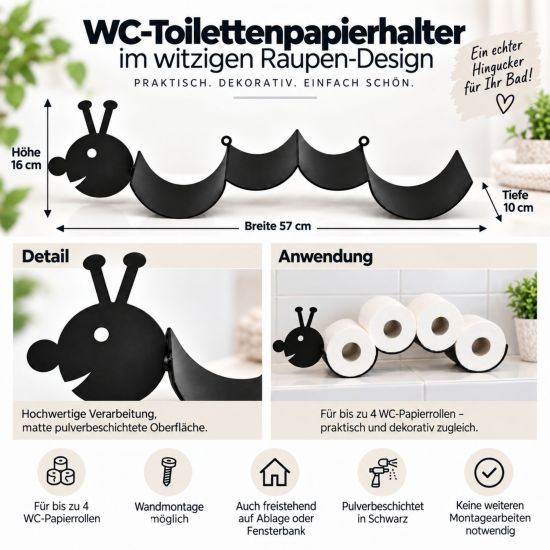 Preview: DanDiBo Toilet Paper Holder Black Metal Caterpillar Toilet Roll Holder Freestanding or Wall-Mounted WC Spare Roll Holder Paper Holder Toilet Paper Storage