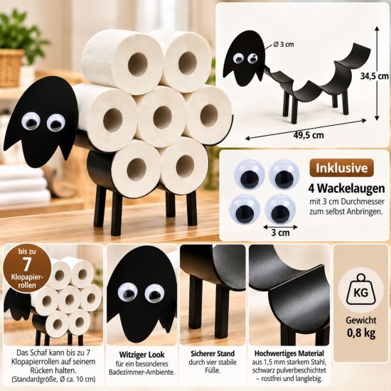 Preview: DanDiBo Toilettenpapierhalter Stehend Schwarz Metall 96194 Schaf 4.0 Klopapierhalter WC Rollenhalter Freistehend Klorollenhalter Toilettenpapier Aufbewahrung