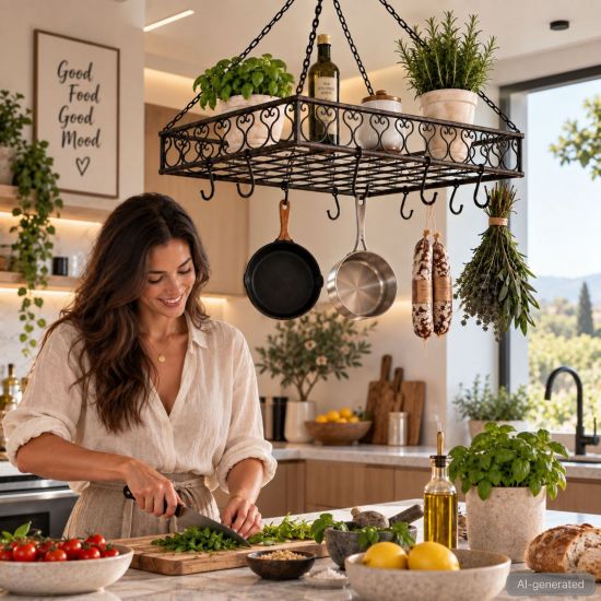 DanDiBo Topfhänger Deckenregal Hängekorb Braun Cocina 65 cm Hängeregal Wurstkrone Korb Küche Regal Küchenkrone