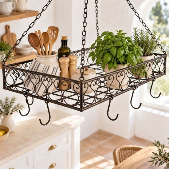DanDiBo Topfhänger Deckenregal Hängekorb Braun Cocina 65 cm Hängeregal Wurstkrone Korb Küche Regal Küchenkrone