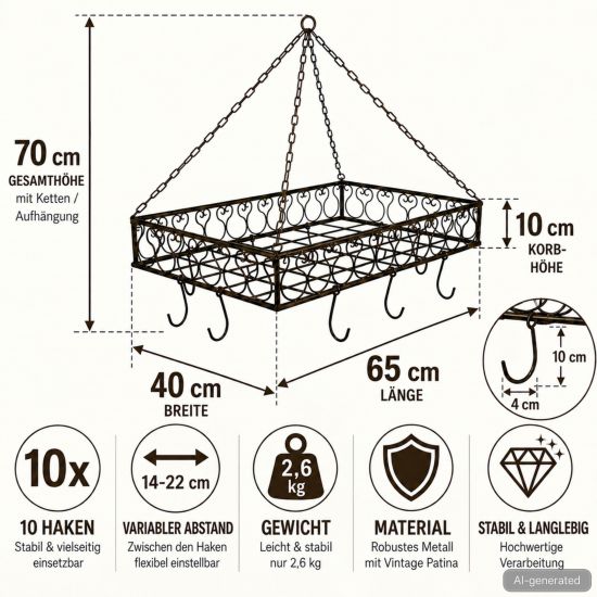 Preview: DanDiBo Topfhänger Deckenregal Hängekorb Braun Cocina 65 cm Hängeregal Wurstkrone Korb Küche Regal Küchenkrone
