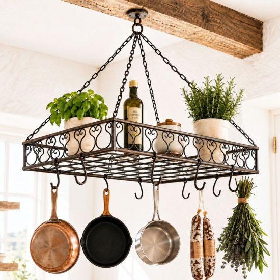 Preview: DanDiBo Topfhänger Deckenregal Hängekorb Braun Cocina 65 cm Hängeregal Wurstkrone Korb Küche Regal Küchenkrone