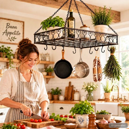 DanDiBo Topfhänger Deckenregal Hängekorb Braun Cocina 65 cm Hängeregal Wurstkrone Korb Küche Regal Küchenkrone