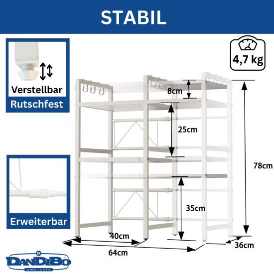 Preview: DanDiBo Adjustable Microwave Shelf 3-Tier 40-64 cm Microwave Stand 96684 Freestanding Microwave Rack Kitchen Shelf