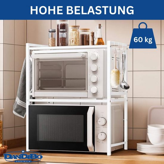 Preview: DanDiBo Adjustable Microwave Shelf White 3 Tier 40–64 cm Microwave Rack 96684 Freestanding Microwave Stand Kitchen Shelf