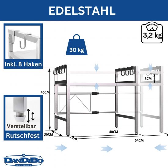 Preview: DanDiBo Verstellbares Mikrowellenregal Edelstahl 2 Stufig 40-64 cm Mikrowellen Regal 96685 Stehend Mikrowellenständer Küchenregal