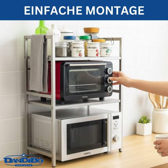 DanDiBo Adjustable Stainless Steel Microwave Rack 3 Tier 40–64 cm Microwave Shelf 96686 Freestanding Microwave Stand Kitchen Shelf