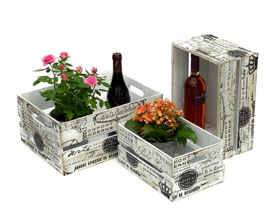 DanDiBo Vintage Holzkiste 3er Set Obstkiste 30 - 40 cm Weinkiste "Altes Land" Dekokiste Holz 96150 Weiß Schwarz mit Muster Pflanzkiste