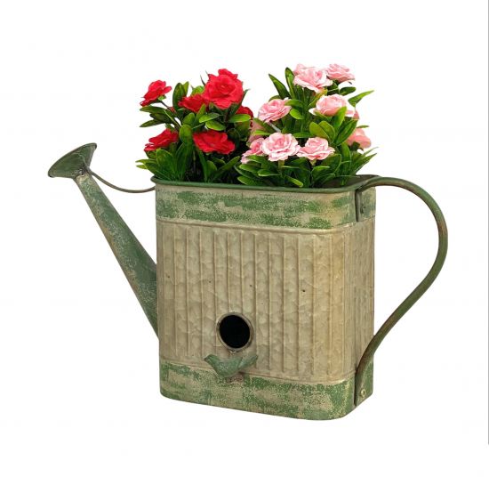 DanDiBo Vogelhaus mit Blumentopf zum Aufhängen Metall Deko Gießkanne wetterfest 481999 Nistkasten 40 cm Futterstation für Vögel Shabby Metallkanne Kanne Balkon
