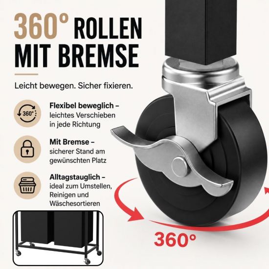 Preview: DanDiBo Wäschekorb mit Rollen und 2 Ablage Wäscheregal Wäschesammler 2 Fächer 96698 Wäschebox Regal Wäschetonne Wäschewagen Wäschesortierer Wäschetrenner