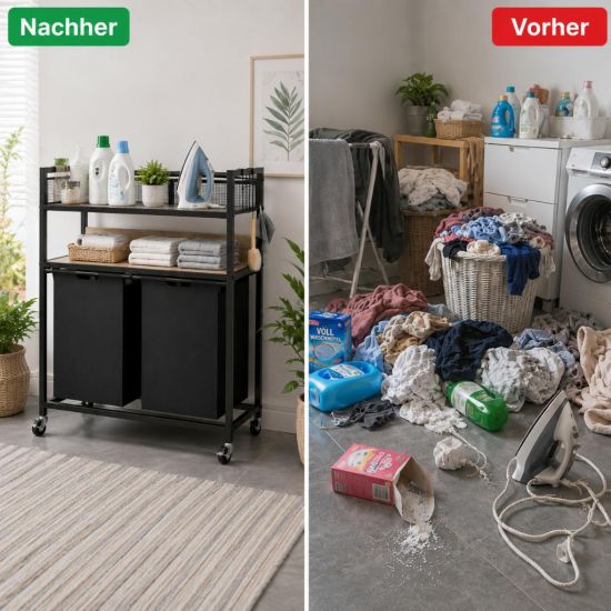 DanDiBo Wäschekorb mit Rollen und 2 Ablage Wäscheregal Wäschesammler 2 Fächer 96698 Wäschebox Regal Wäschetonne Wäschewagen Wäschesortierer Wäschetrenner