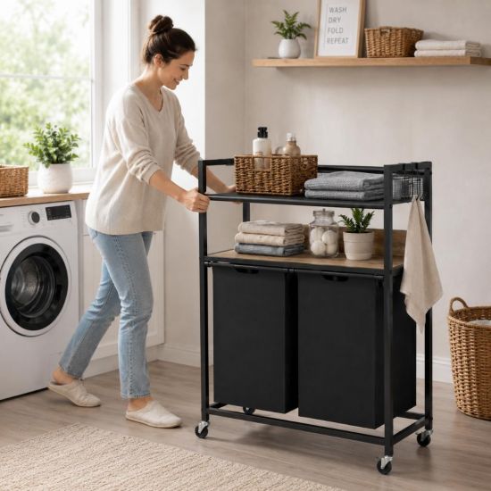 DanDiBo Wäschekorb mit Rollen und 2 Ablage Wäscheregal Wäschesammler 2 Fächer 96698 Wäschebox Regal Wäschetonne Wäschewagen Wäschesortierer Wäschetrenner