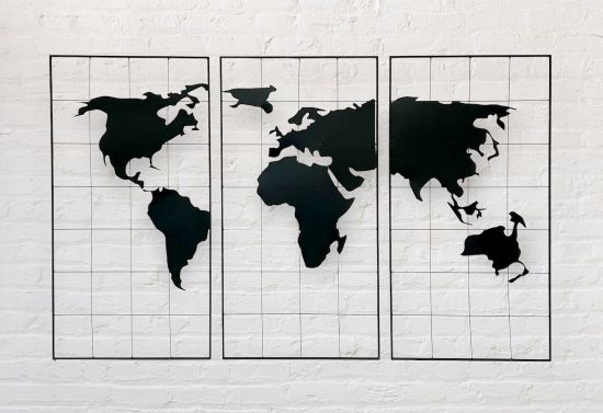 Wanddekoration Weltkarte Metall 170x100 cm Schwarz 3-teilig Dekoschild 210329 Wandbild Weltatlas Dekoration Schild Wand Wandkunst