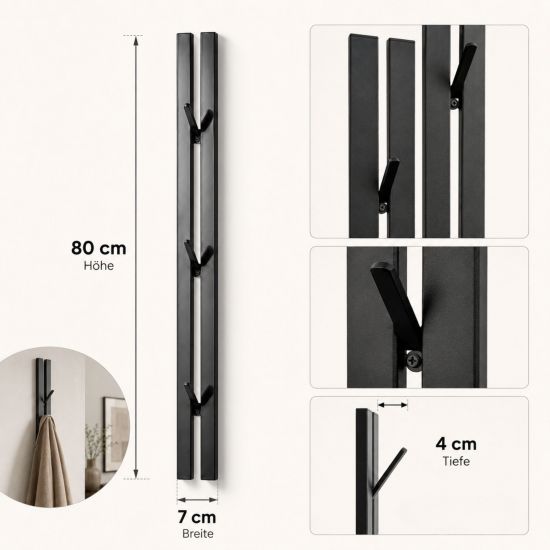 Preview: DanDiBo Wandgarderobe Schwarz Metall 2er Set Modern 96779 Garderobe Wand mit Haken Garderobenleiste Hakenleiste Garderobenhaken