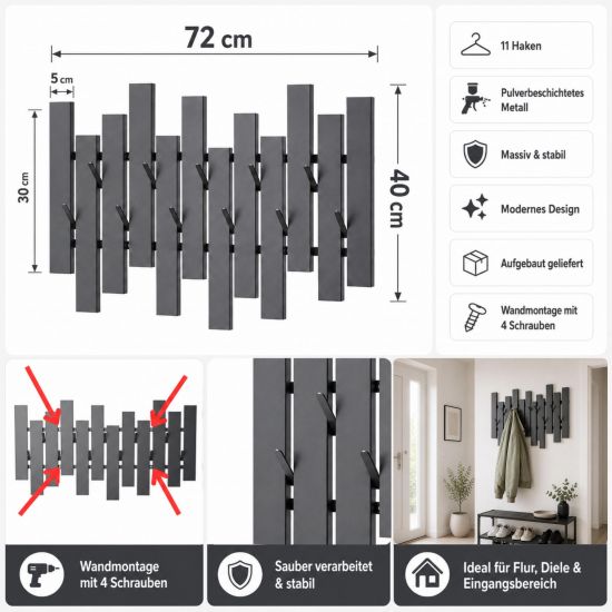 Preview: DanDiBo Wandgarderobe Schwarz Metall Modern 96713 Garderobe Wand mit Haken Garderobenleiste Hakenleiste Garderobenhaken