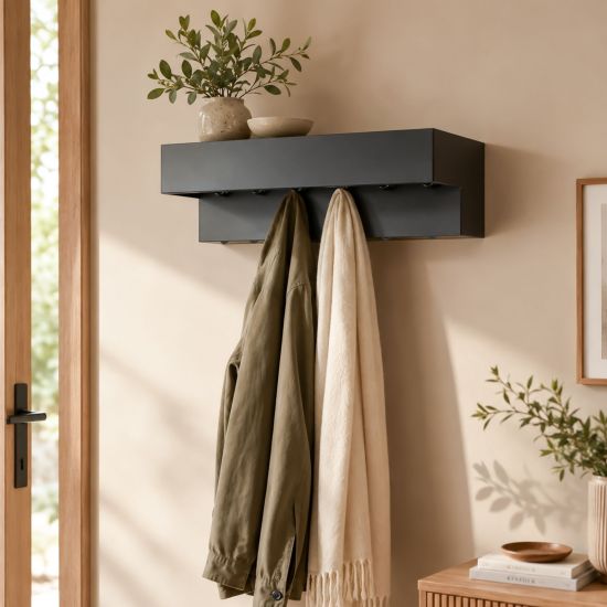 DanDiBo Wandgarderobe mit Ablage 60 cm Metall 96741 Garderobenleiste Hängegarderobe Garderobenhaken Kleiderhaken Garderobe Hängend Modern