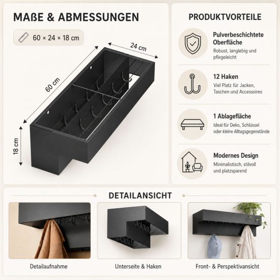 Preview: DanDiBo Wandgarderobe mit Ablage 60 cm Metall 96741 Garderobenleiste Hängegarderobe Garderobenhaken Kleiderhaken Garderobe Hängend Modern