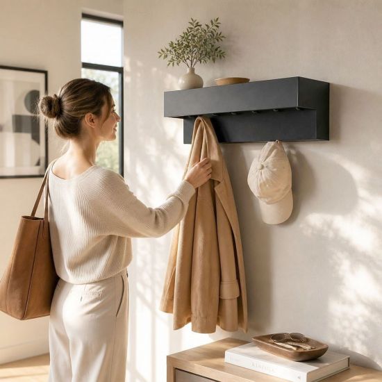 Preview: DanDiBo Wandgarderobe mit Ablage 60 cm Metall 96741 Garderobenleiste Hängegarderobe Garderobenhaken Kleiderhaken Garderobe Hängend Modern