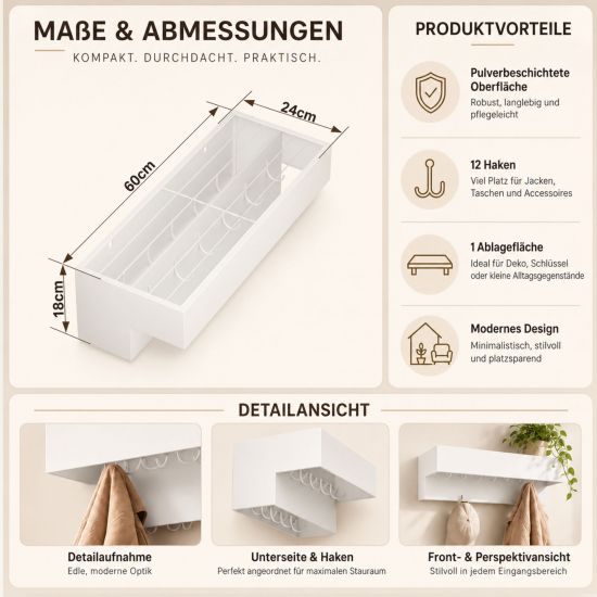 Preview: DanDiBo Wandgarderobe mit Ablage 60 cm Metall 96742 Weiß Garderobenleiste Hängegarderobe Garderobenhaken Kleiderhaken Garderobe Wand Hängend Modern