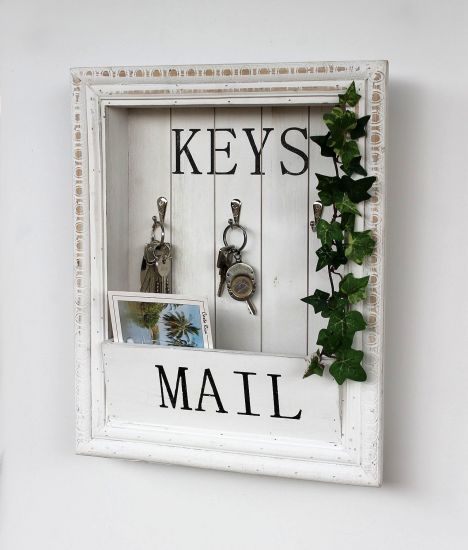 DanDiBo wall organiser vintage key board wood with shelf 18SE011 white 38 cm key board letter tray key box shabby chic memo board