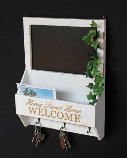 DanDiBo wall organiser vintage key board wood with shelf 93751 white 40 cm key board letter tray chalkboard key box shabby chic memo board