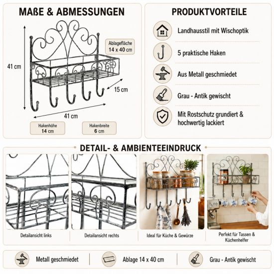 Preview: DanDiBo Küchenregal Wand Hängend Wandregal Metall 96010 Garderobe 41 cm Küche Handtuchhalter Küchenwandregal Grau Badregal 5 Haken