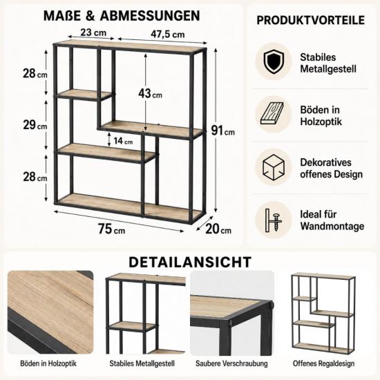 Preview: DanDiBo Wandregal Schwarz Metall 90x75x20 cm 96702 Regal Wand Hängeregal Küchenregal Wohnzimmerregal Wandmontage Modern