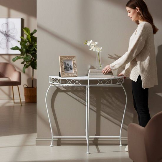 DanDiBo Wall Table Semi-Round 90 cm Hallway Table Console Table Metal White Half Table Side Table Wall Vintage Antique