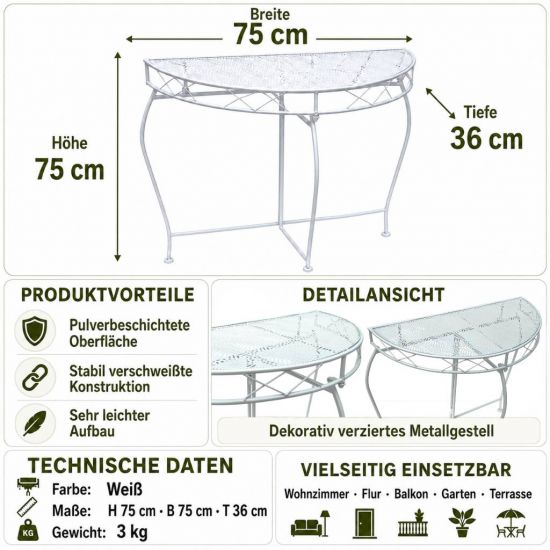 Preview: DanDiBo Wall Table Semi-Round 90 cm Hallway Table Console Table Metal White Half Table Side Table Wall Vintage Antique