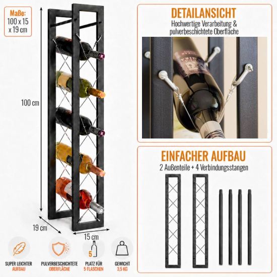 Preview: DanDiBo Wine Rack Bottle Rack Freestanding Pit 100 cm Black Metal Wine Stand Wine Bottle Holder Slim Wine Rack Bottle Holder