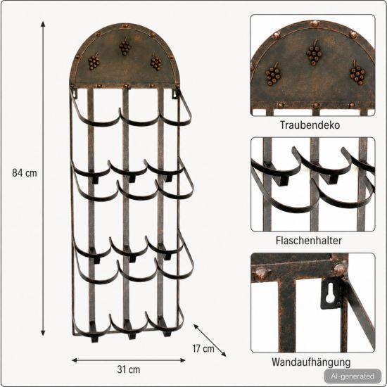 Preview: DanDiBo Weinregal Wand Metall Bronze 96192 Flaschenständer für 9 Flaschen Flaschenregal Flaschenhalter Weinflaschenregal