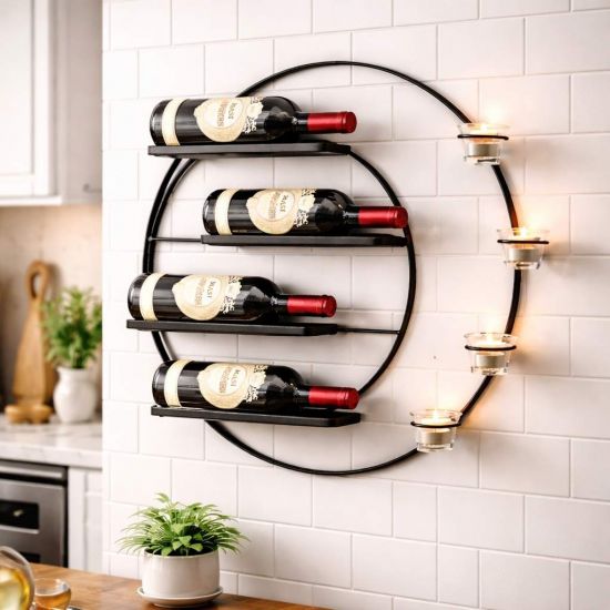 DanDiBo Wall Wine Rack Metal for 4 Bottles and Tealights 55 cm Black Vivace 96214 Round Bottle Rack Bottle Holder Wall Mount Wall Shelf