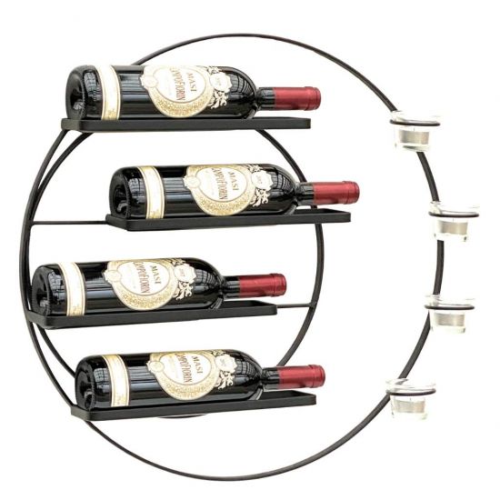 DanDiBo Wall Wine Rack Metal for 4 Bottles and Tealights 55 cm Black Vivace 96214 Round Bottle Rack Bottle Holder Wall Mount Wall Shelf