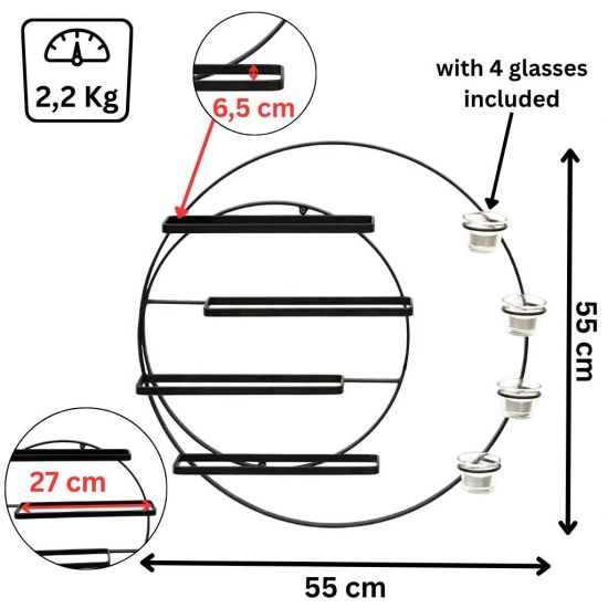 DanDiBo Wall Wine Rack Metal for 4 Bottles and Tealights 55 cm Black Vivace 96214 Round Bottle Rack Bottle Holder Wall Mount Wall Shelf