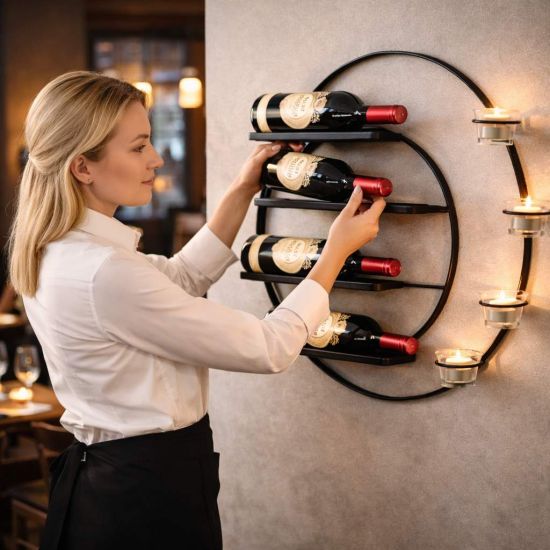 DanDiBo Wall Wine Rack Metal for 4 Bottles and Tealights 55 cm Black Vivace 96214 Round Bottle Rack Bottle Holder Wall Mount Wall Shelf
