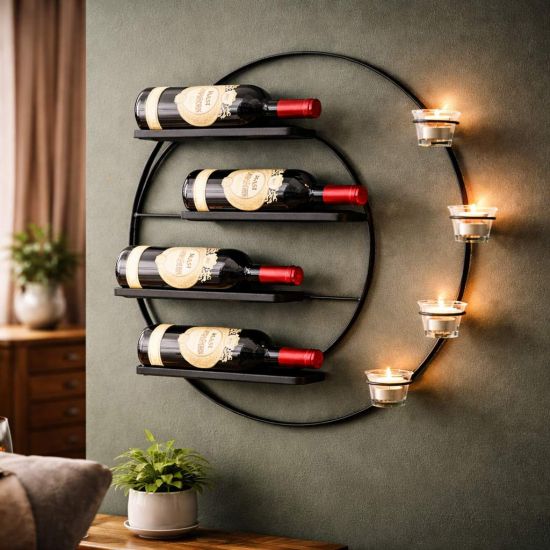 DanDiBo Wall Wine Rack Metal for 4 Bottles and Tealights 55 cm Black Vivace 96214 Round Bottle Rack Bottle Holder Wall Mount Wall Shelf