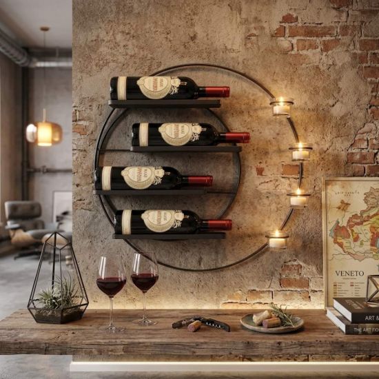 DanDiBo Wall Wine Rack Metal for 4 Bottles and Tealights 55 cm Black Vivace 96214 Round Bottle Rack Bottle Holder Wall Mount Wall Shelf
