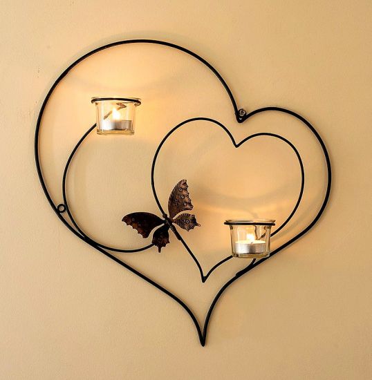 Wandteelichthalter Herz 39cm Schwarz Teelichthalter aus Metall Wandleuchter Kerzenhalter