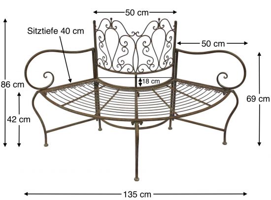 DanDiBo tree bench metal weatherproof brown 135 cm 3-seater semicircular JC112287 garden bench round bench